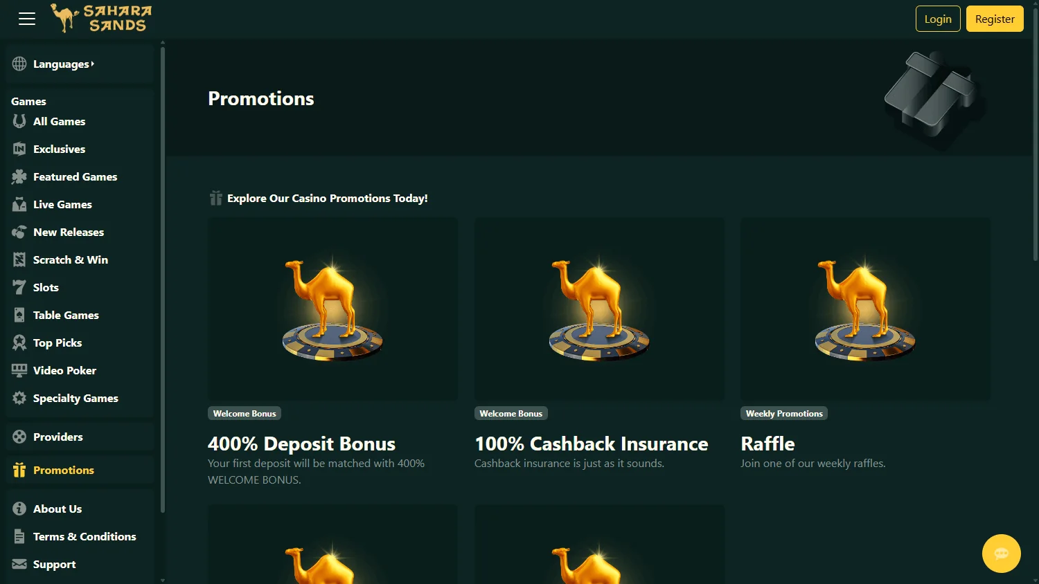Sahara Sands Casino desktop promotions area