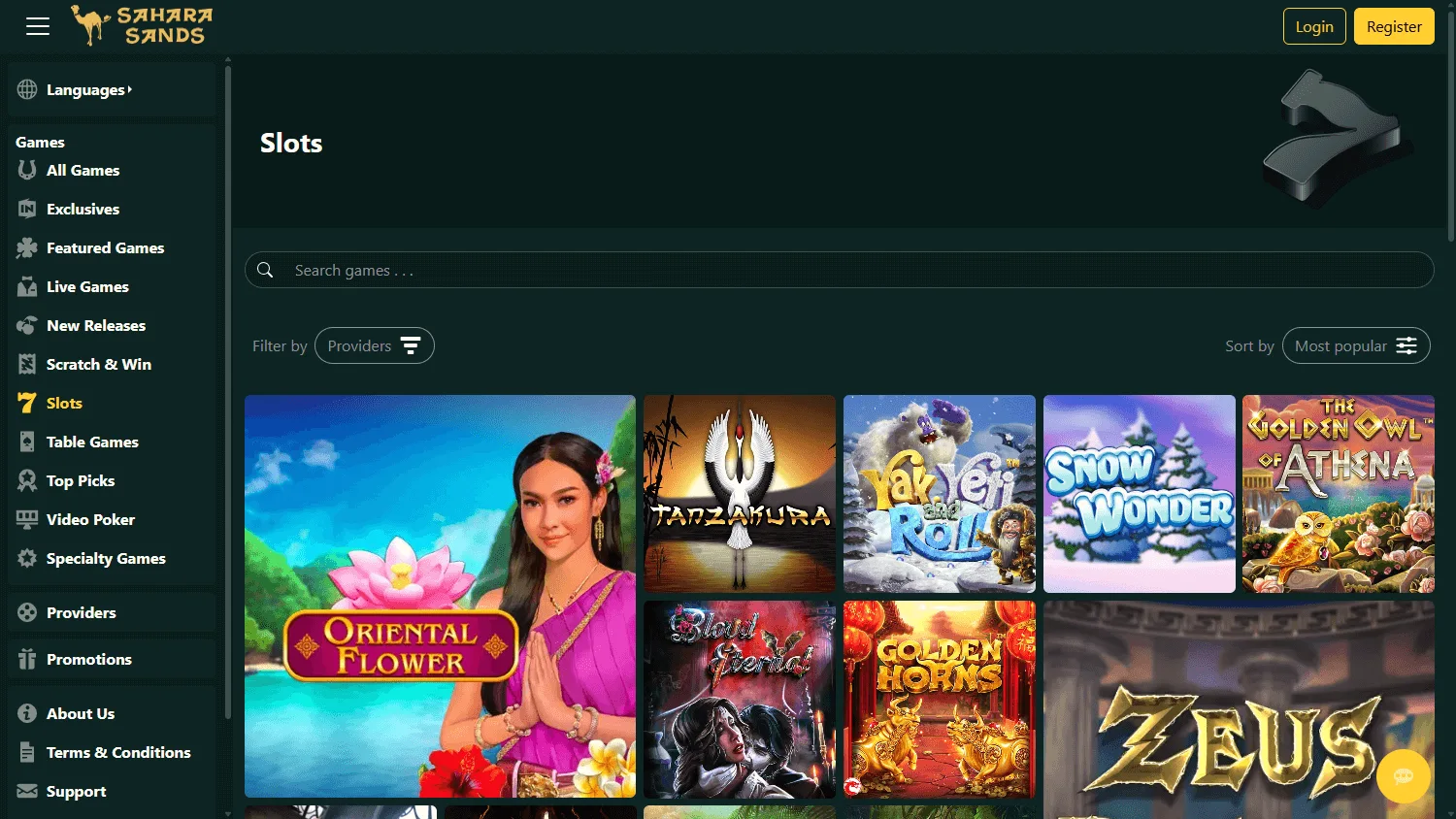 Sahara Sands Casino desktop games lobby