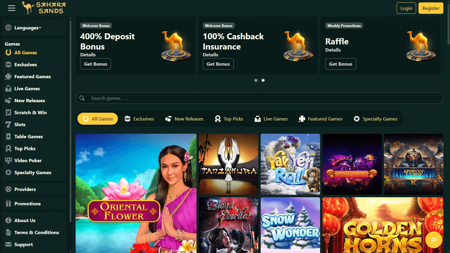 Sahara Sands Casino desktop home screen